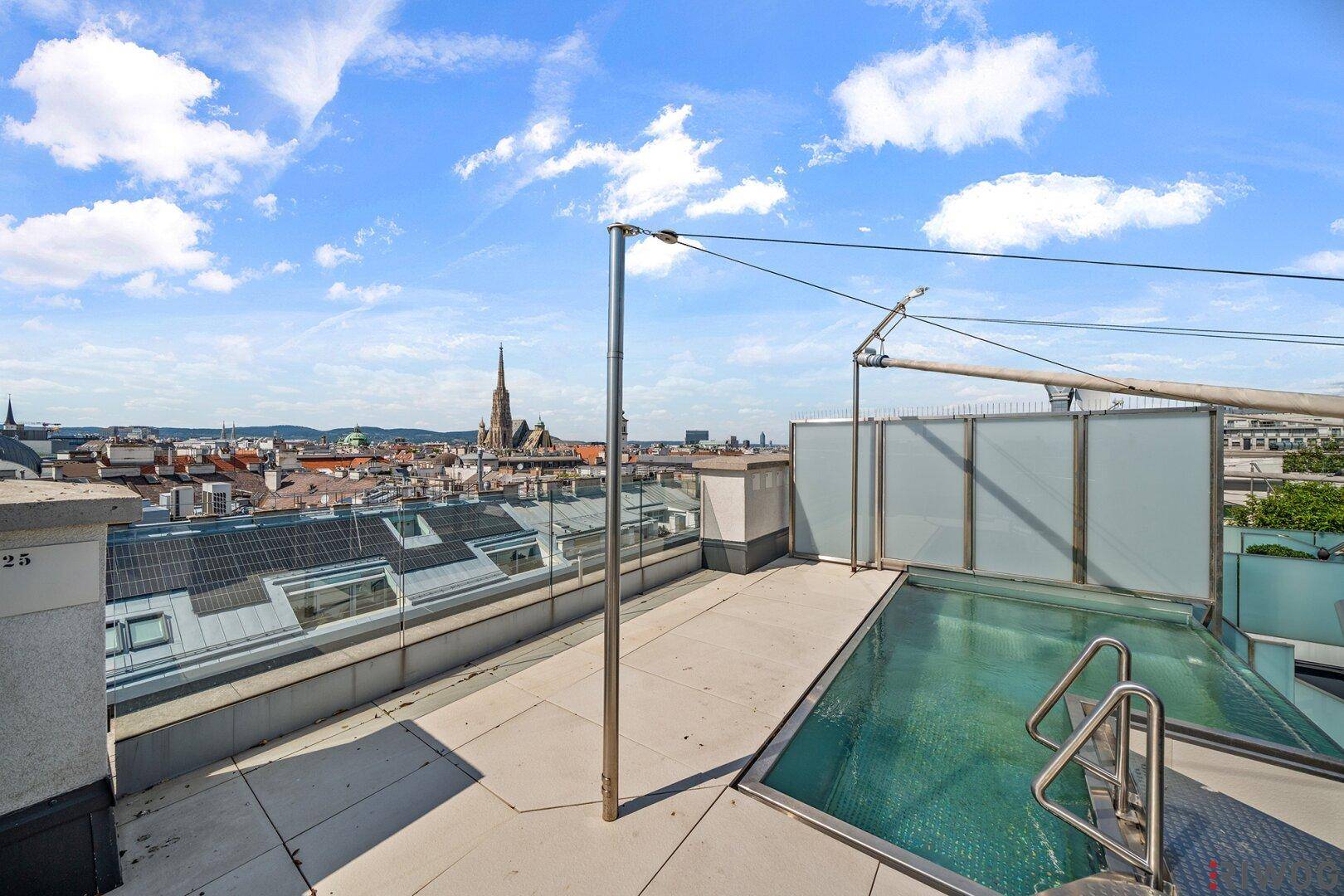 Dachterrasse mit kleinem Pool und weitem Blick über die Stadt und historische Gebäude.