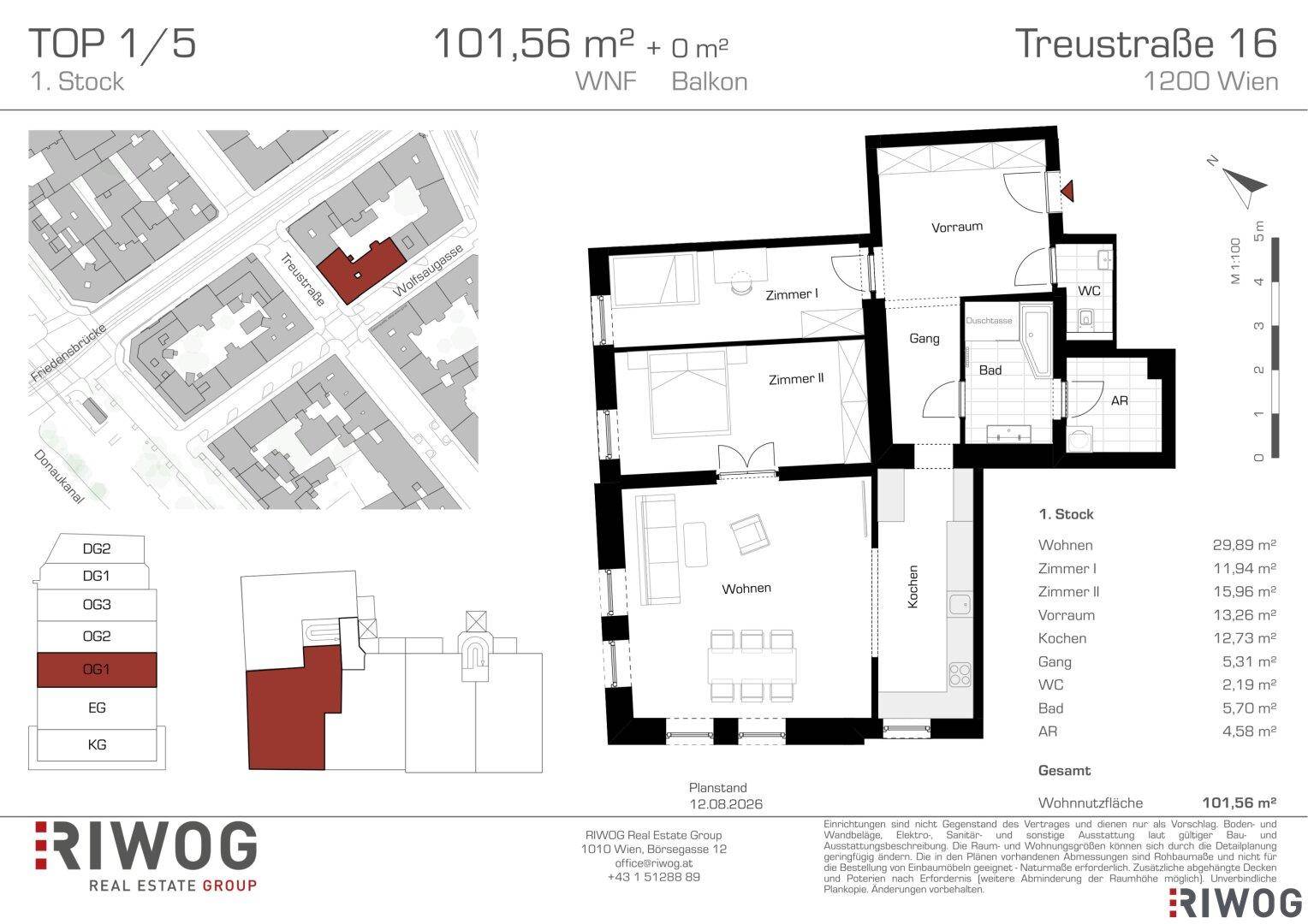 Grundriss einer Wohnung im ersten Stock mit 101,56 m² Wohnfläche und Balkon.