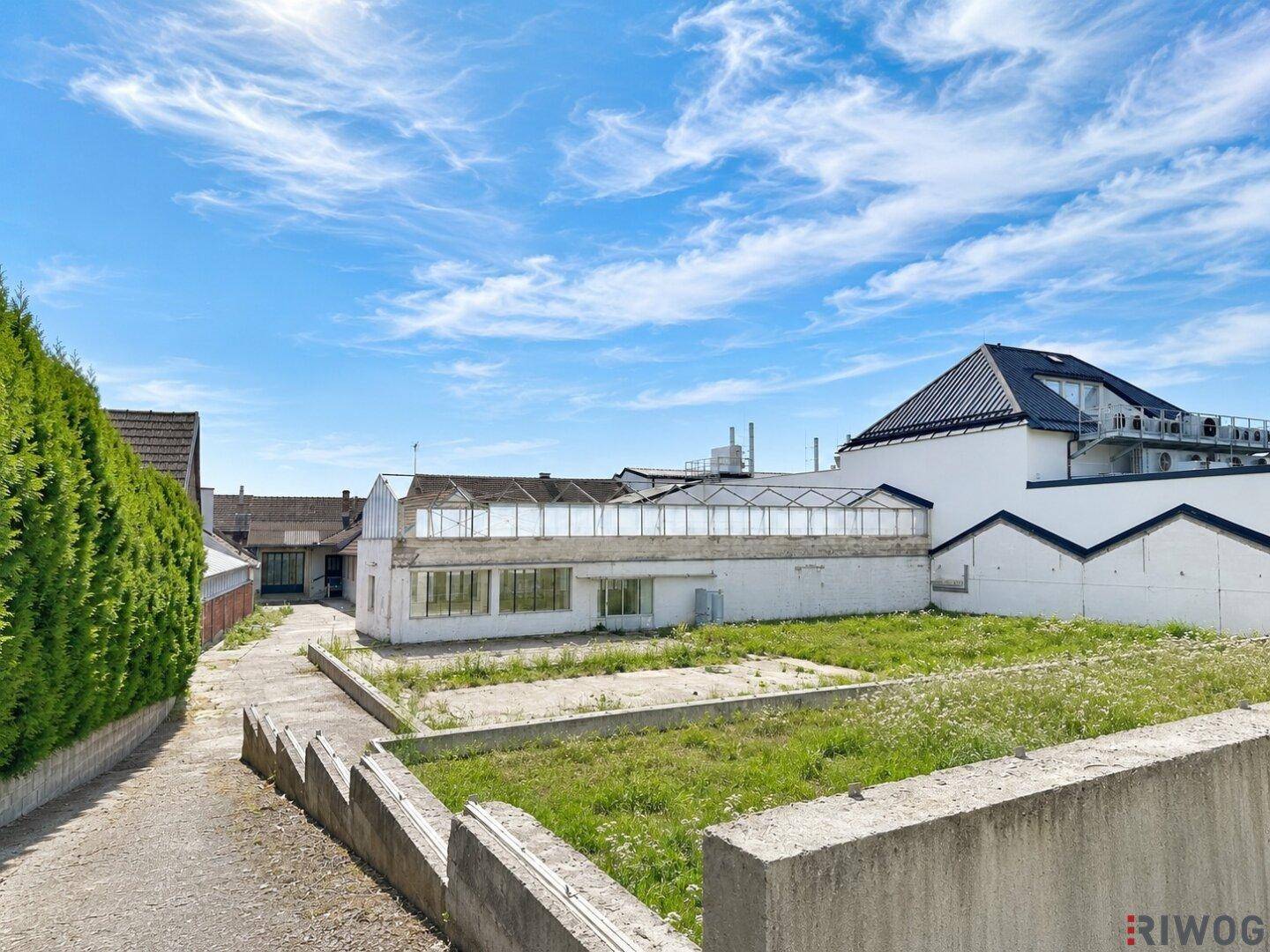 Außenbereich mit einem Weg, einer Hecke und verschiedenen Gebäuden unter blauem Himmel.