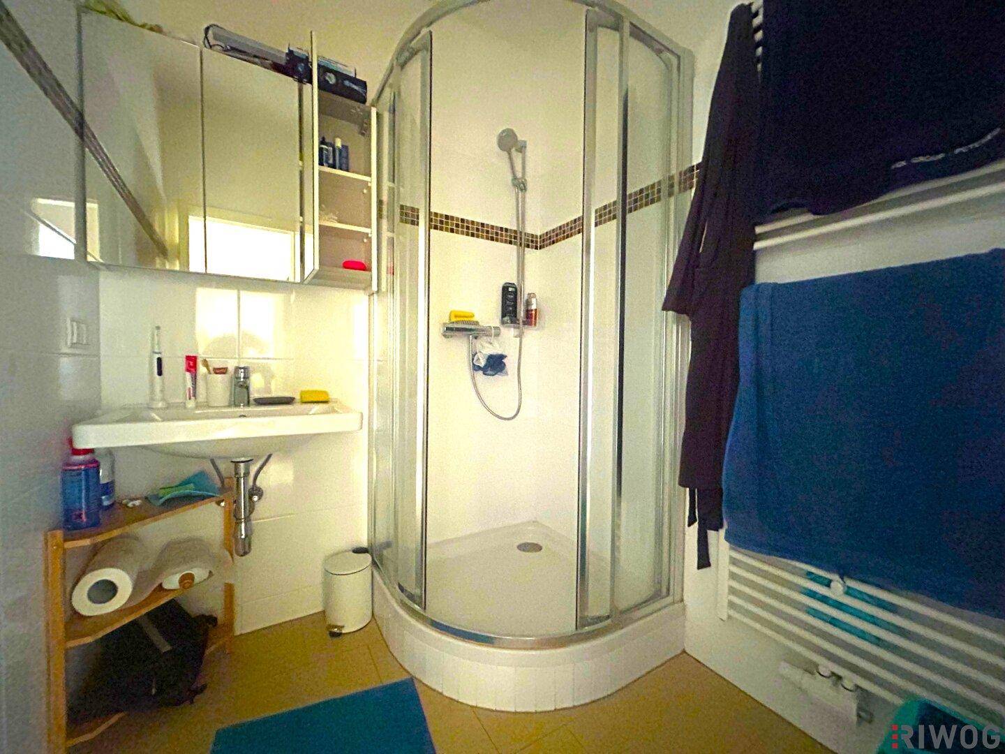 Badezimmer mit Duschkabine, Waschbecken und beheiztem Handtuchhalter.