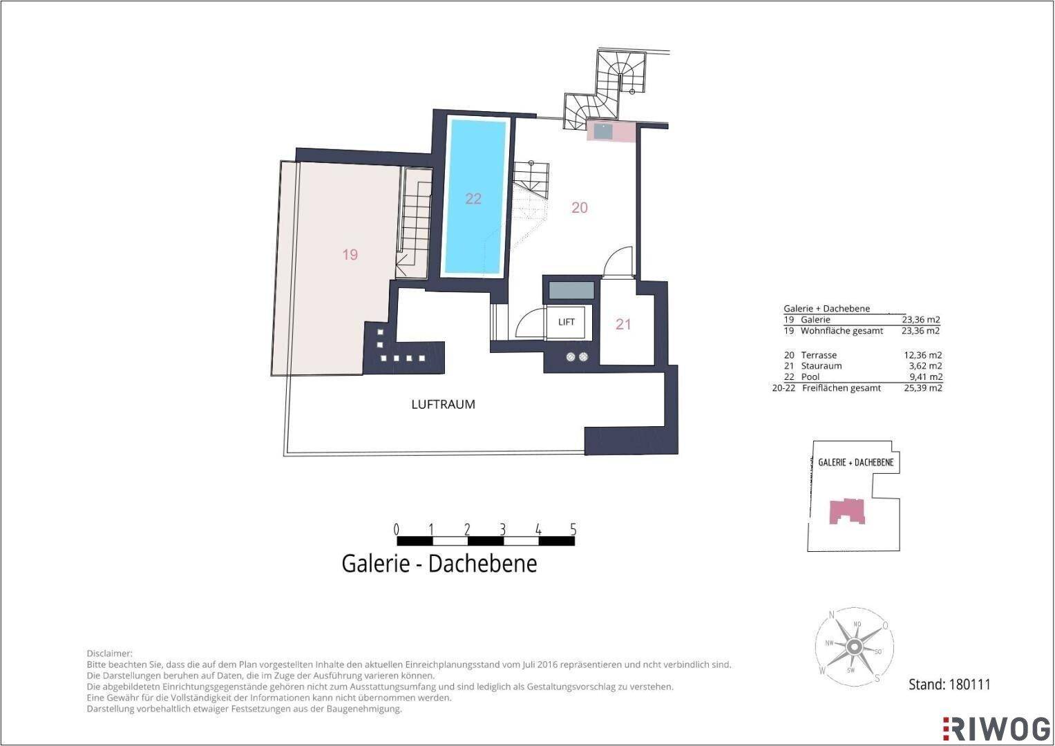 Grundriss der Galerie- und Dachebene mit einem Pool, Terrasse, Stauraum und offenem Luftraum.