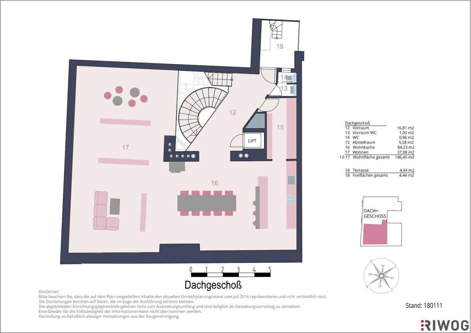 Grundriss des Dachgeschosses mit offenem Wohnbereich, Esszimmer, Terrasse und separatem WC.