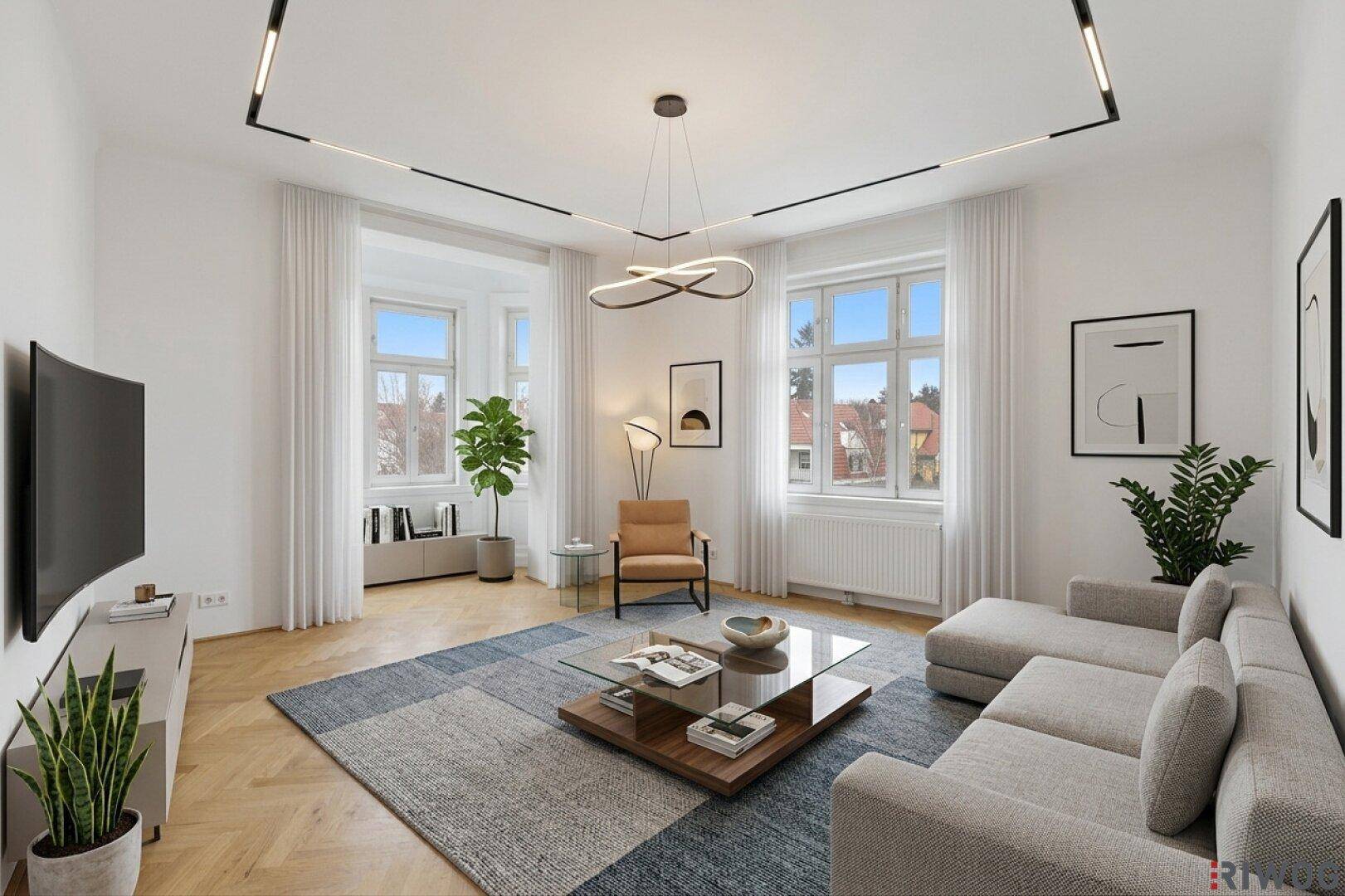 Modern inszeniertes Wohnzimmer mit Fischgrätparkett, großen Fenstern und stilvoller Einrichtung.