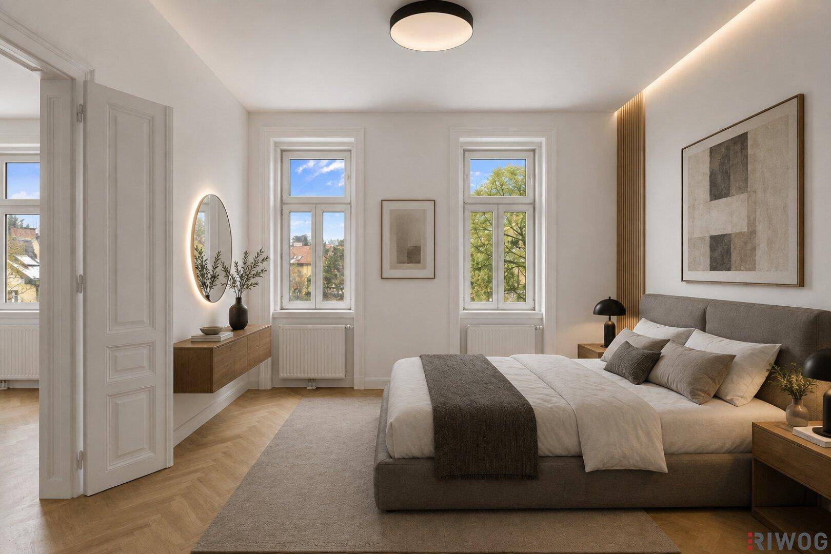 Modernes Schlafzimmer mit Fischgrätparkett, großen Fenstern und dezenter Beleuchtung.