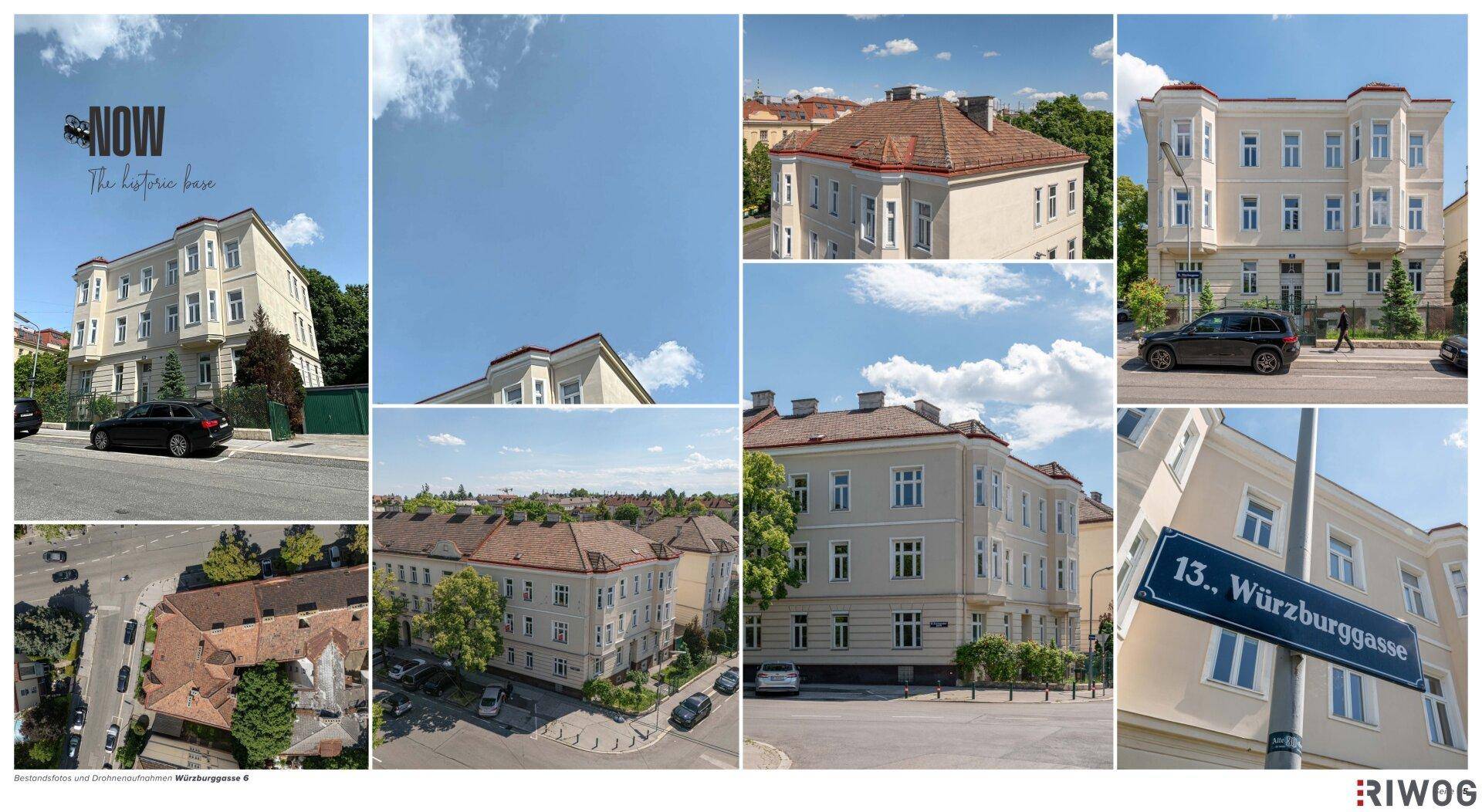 Collage mit verschiedenen Außenansichten des Gebäudes und der umliegenden Straßen.