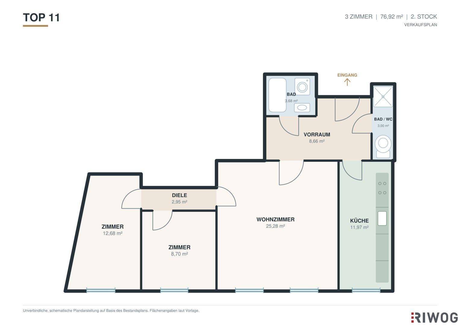 Grundriss der Wohnung TOP 11 mit drei Zimmern, zwei Bädern und einem Balkon.