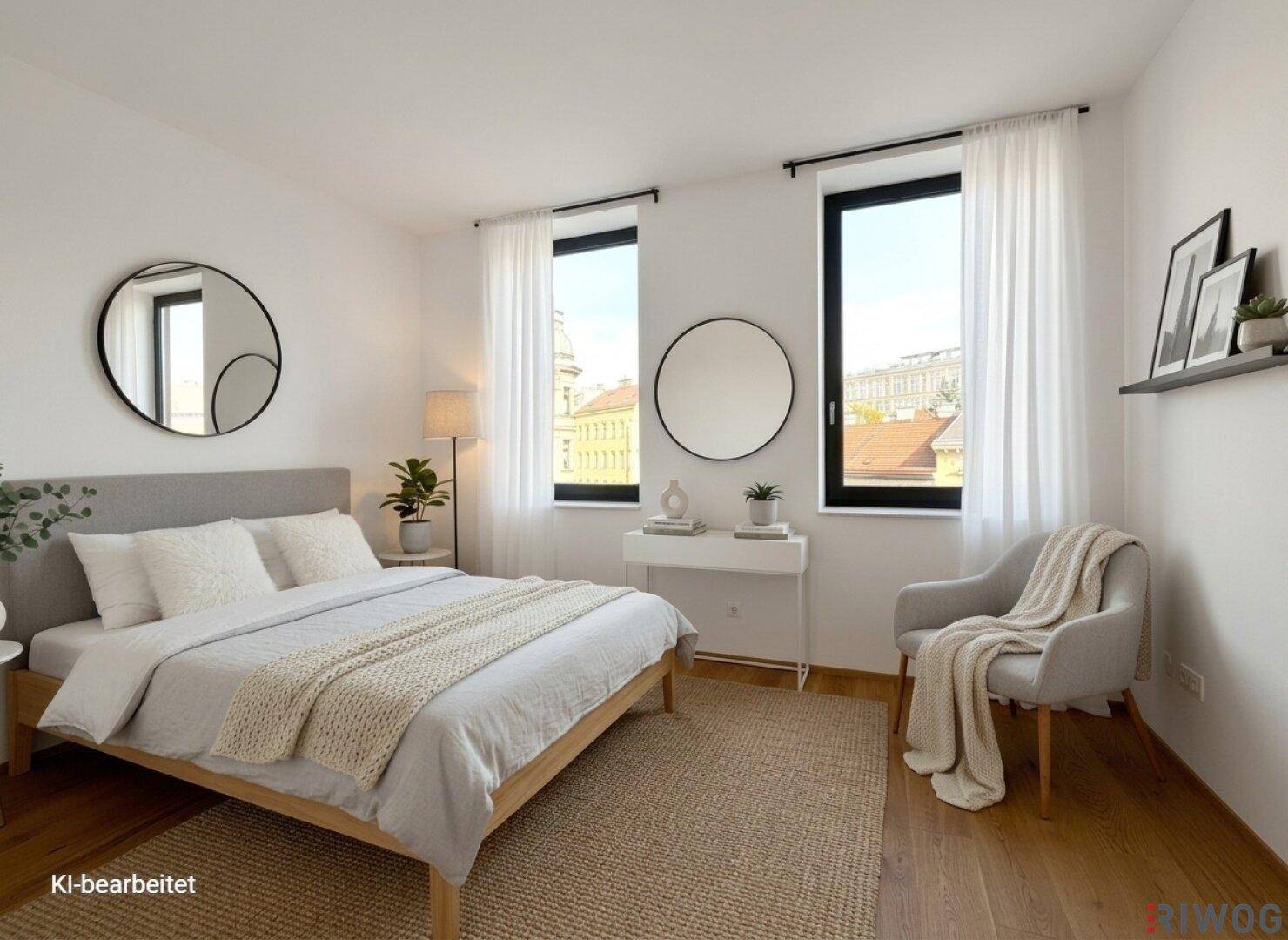 Helles Schlafzimmer mit Holzboden, zwei großen Fenstern und moderner Einrichtung.