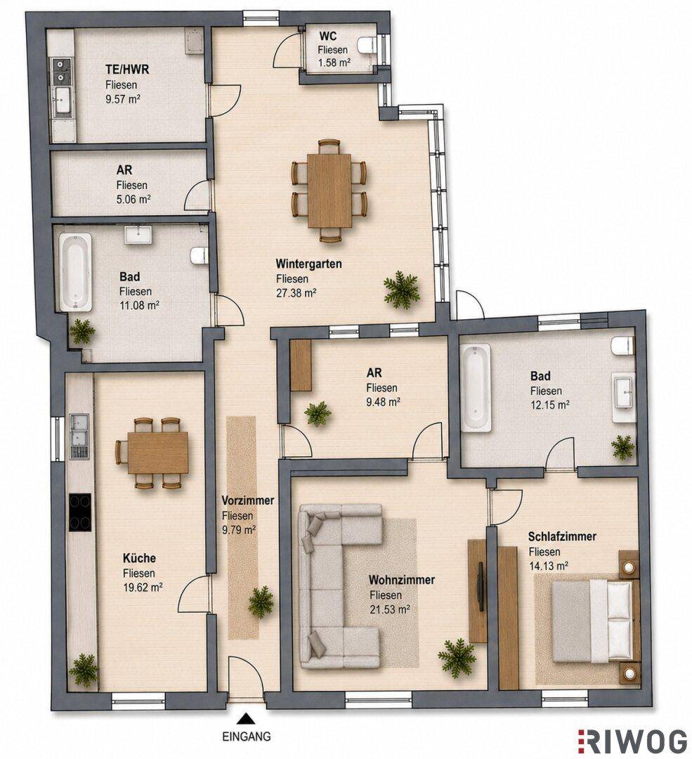 Detaillierter Grundriss mit Wintergarten, zwei Bädern, separatem WC und funktionaler Raumaufteilung.
