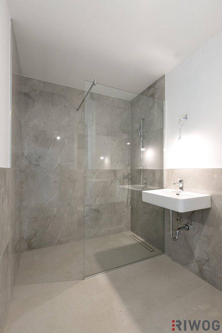 Elegantes Badezimmer mit großer begehbarer Dusche und modernem Waschbecken.