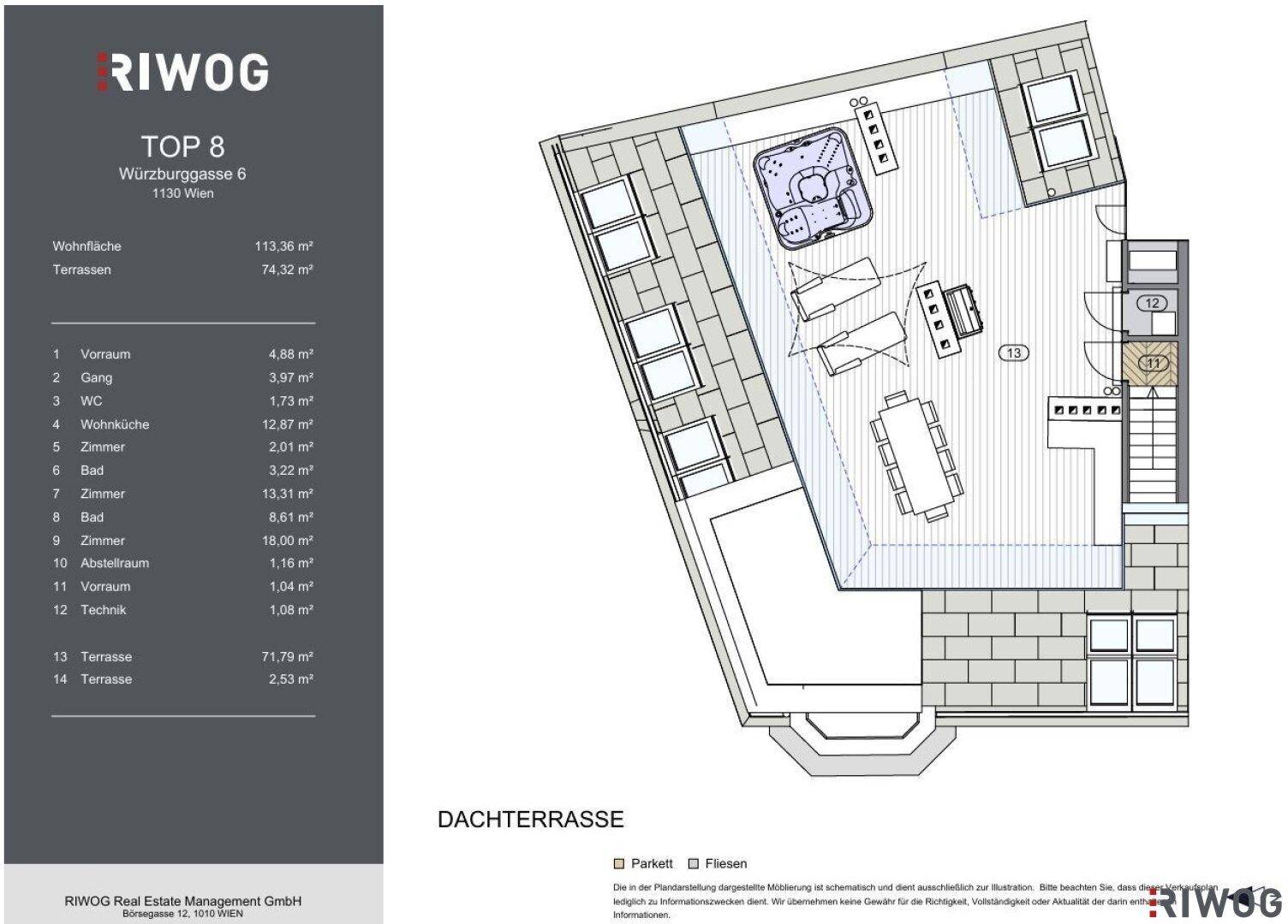 Grundriss der Dachterrasse mit Whirlpool und großzügigem Essbereich im Freien.