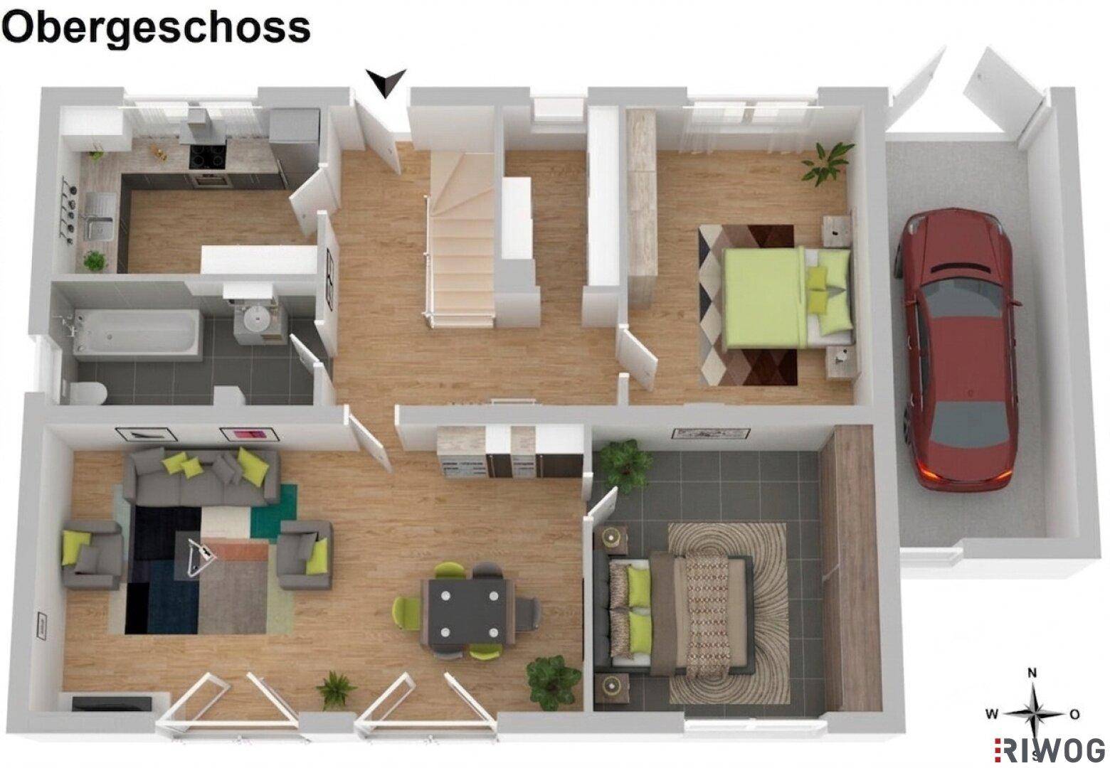 3D-Grundriss des Obergeschosses mit Wohnbereich, Küche, Schlafzimmern, Bad und integrierter Garage.