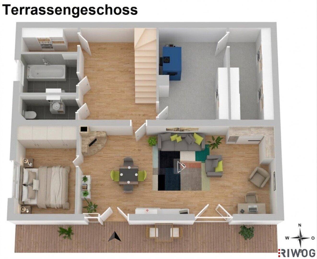 3D-Grundriss des Terrassengeschosses mit offenem Wohnbereich, Küche, Schlafzimmer und großer Terrasse.