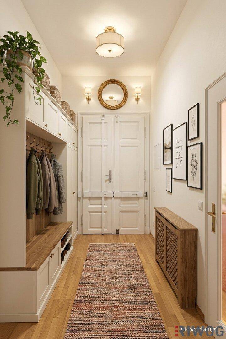 Freundlicher Flur mit Holzboden, Garderobe und dekorativen Elementen, einladend gestaltet.