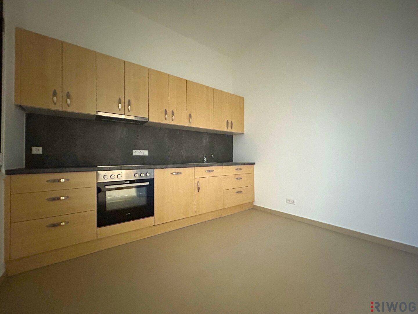 Praktische Küche mit Holzfronten, dunkler Arbeitsfläche und Einbaugeräten, bietet viel Stauraum.