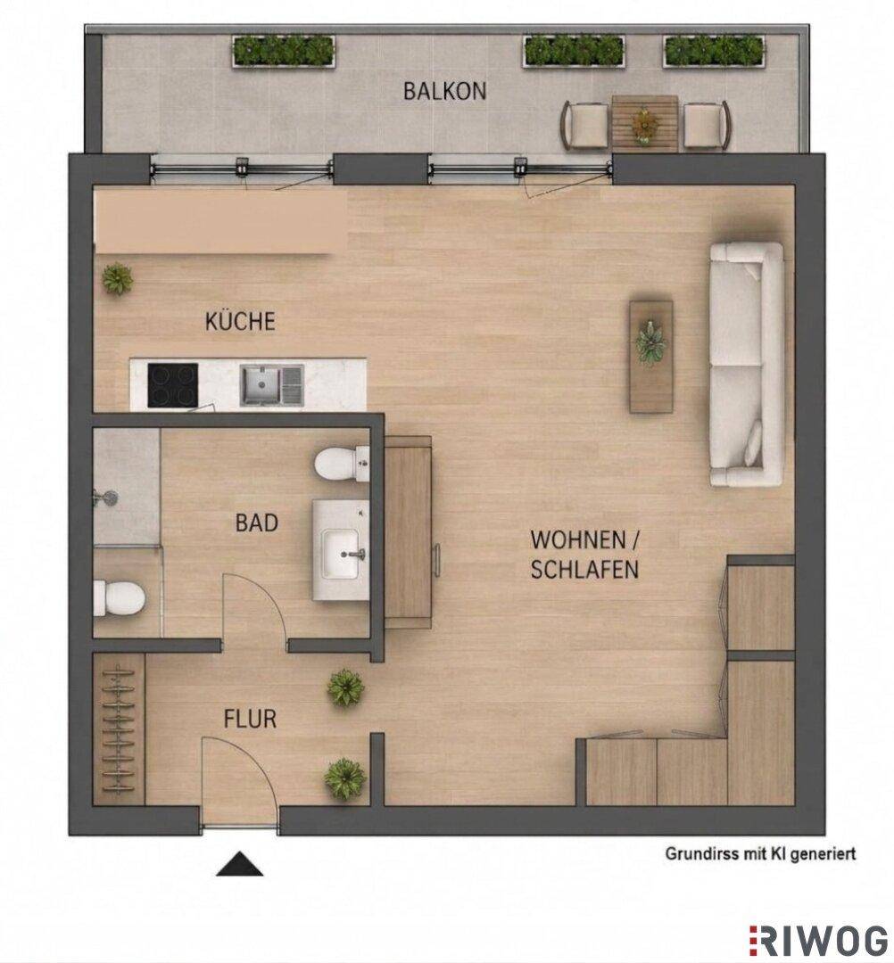 Grundriss einer modernen Wohnung mit offenem Wohn-/Schlafbereich, integrierter Küche und Balkon.