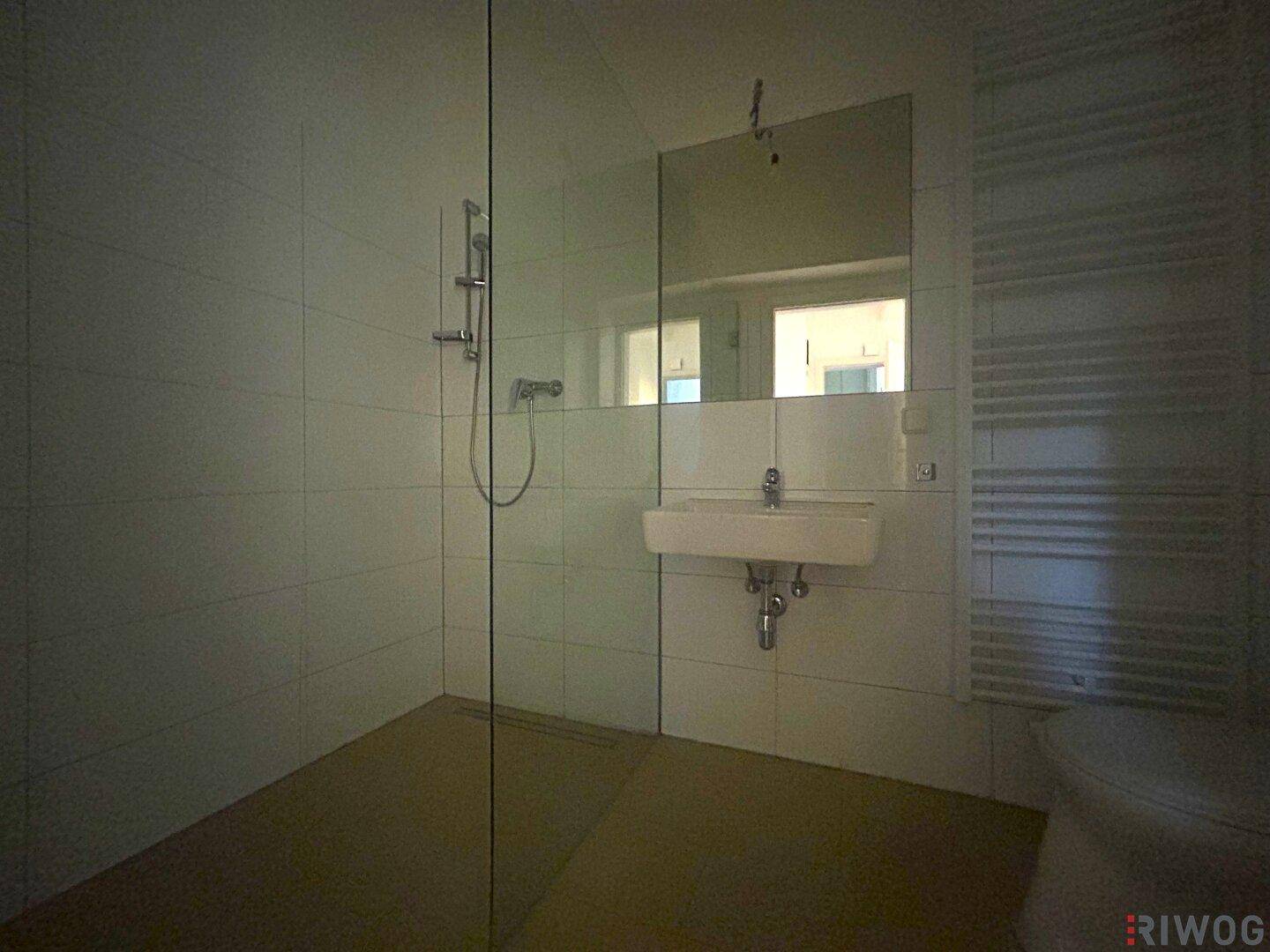 Modernes Badezimmer mit ebenerdiger Dusche, Wandspiegel und Handtuchheizkörper.