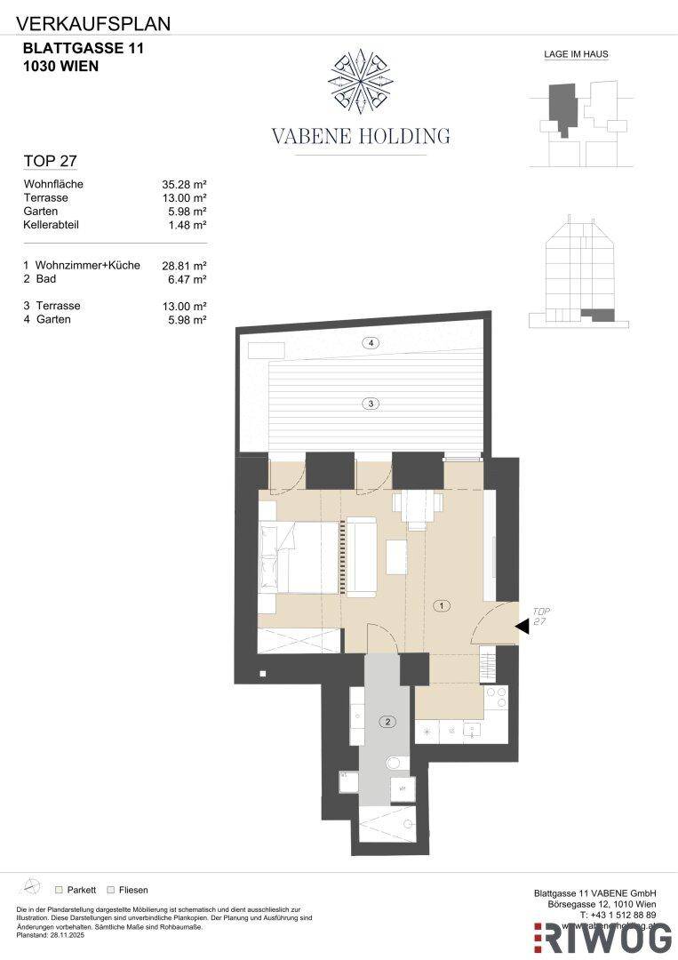 Grundrissplan einer Wohnung mit offenem Wohn- und Küchenbereich, einem Bad, Terrasse und Garten.
