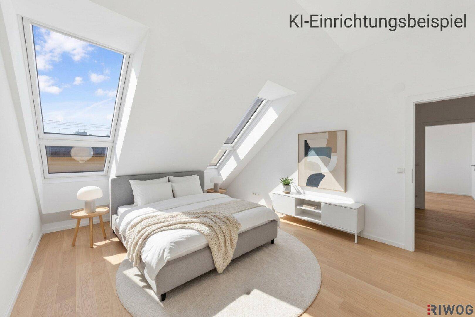 Helles Schlafzimmer mit Dachschrägen, großen Fenstern und moderner KI-Einrichtung.