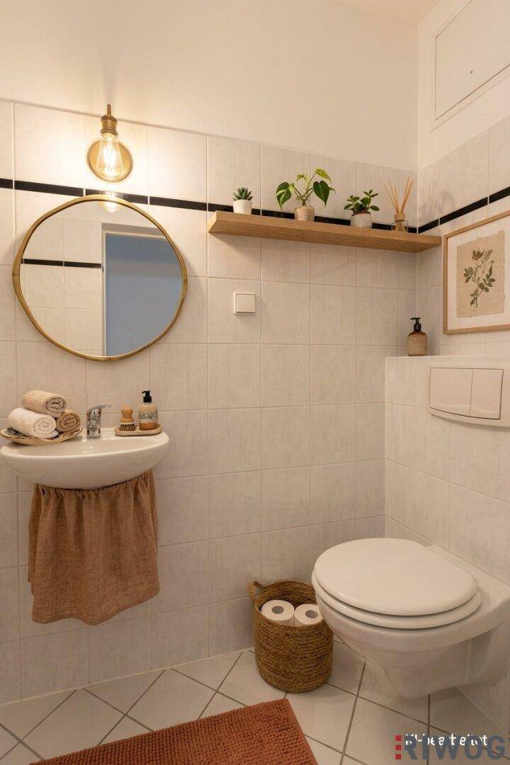 Helles Gäste-WC mit weißen Fliesen, einem runden Spiegel und moderner Dekoration.
