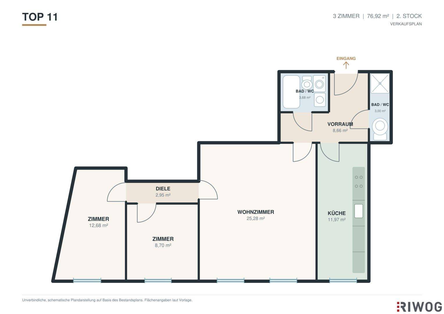 Grundriss einer 3-Zimmer-Wohnung im zweiten Stock mit separater Küche, Wohnzimmer und zwei Bädern.