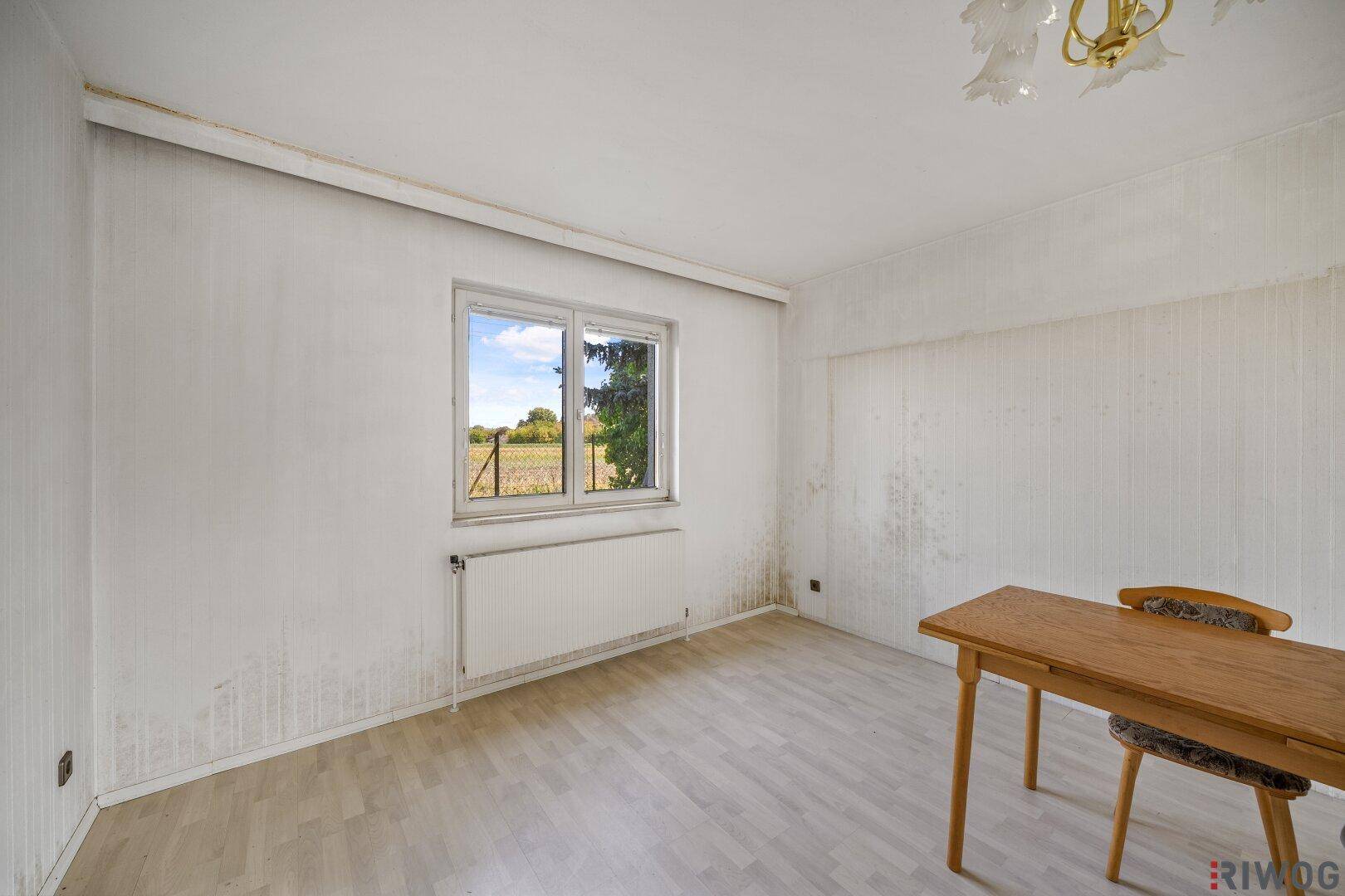 Helles Wohnzimmer mit Laminatboden, Fenster und Heizkörper.