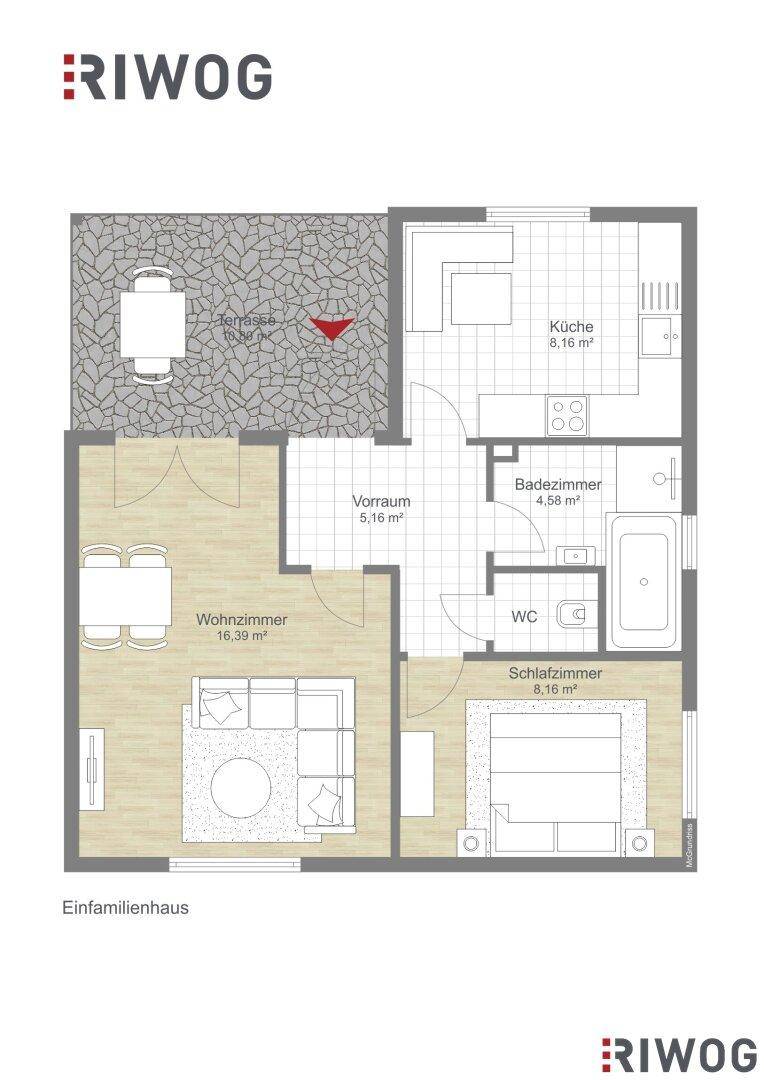 Grundriss des Einfamilienhauses mit Terrasse, Küche, Bad und Schlafzimmern.