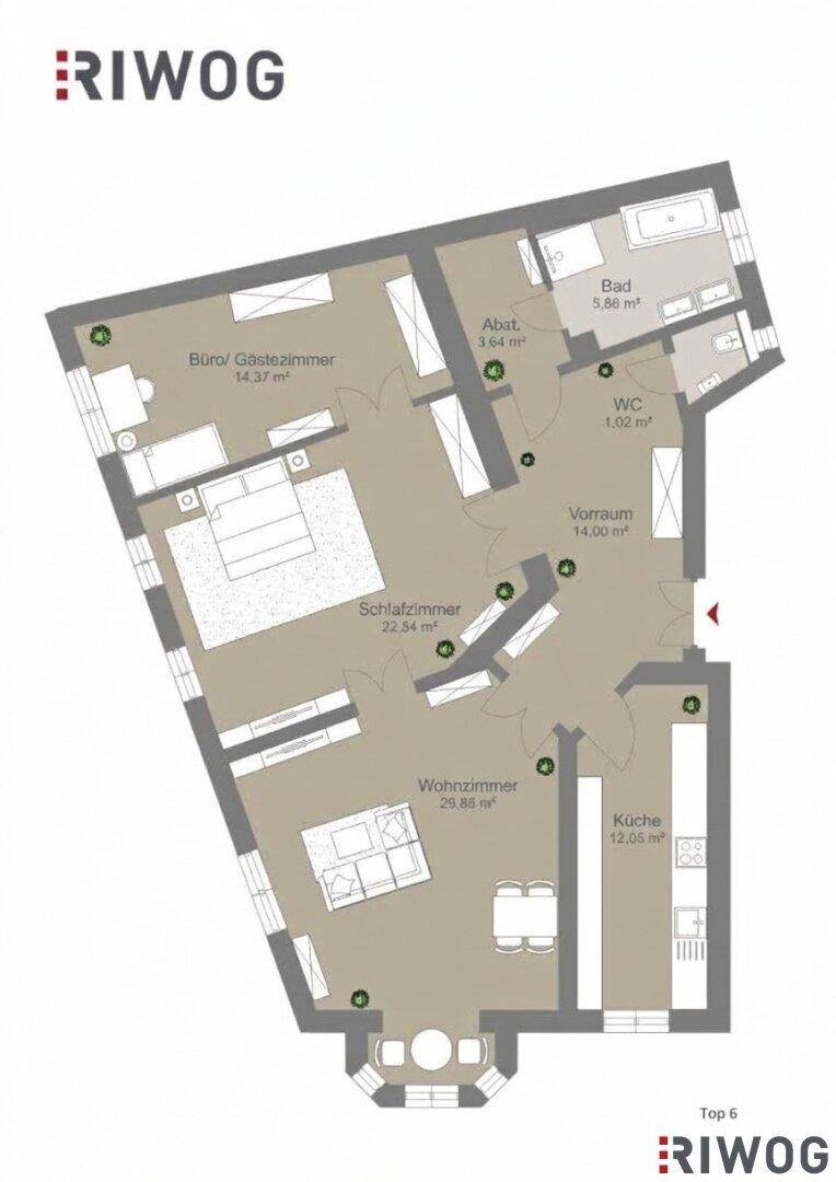 Grundriss der Wohnung Top 6 mit Schlafzimmer, Büro/Gästezimmer und separater Küche.