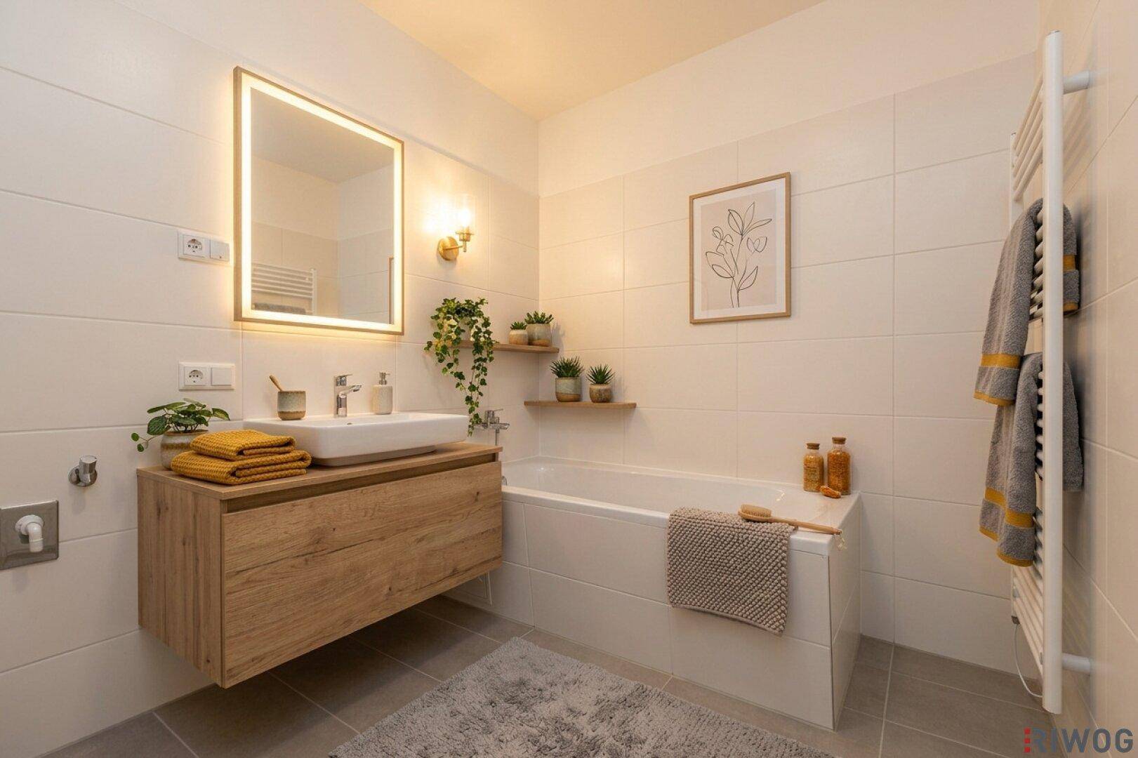 Modernes Badezimmer mit Badewanne, schwebendem Holzwaschtisch und beleuchtetem Spiegel.