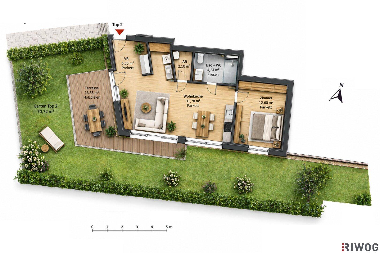 Detaillierter Grundriss einer Wohnung mit Terrasse und Garten im Erdgeschoss.