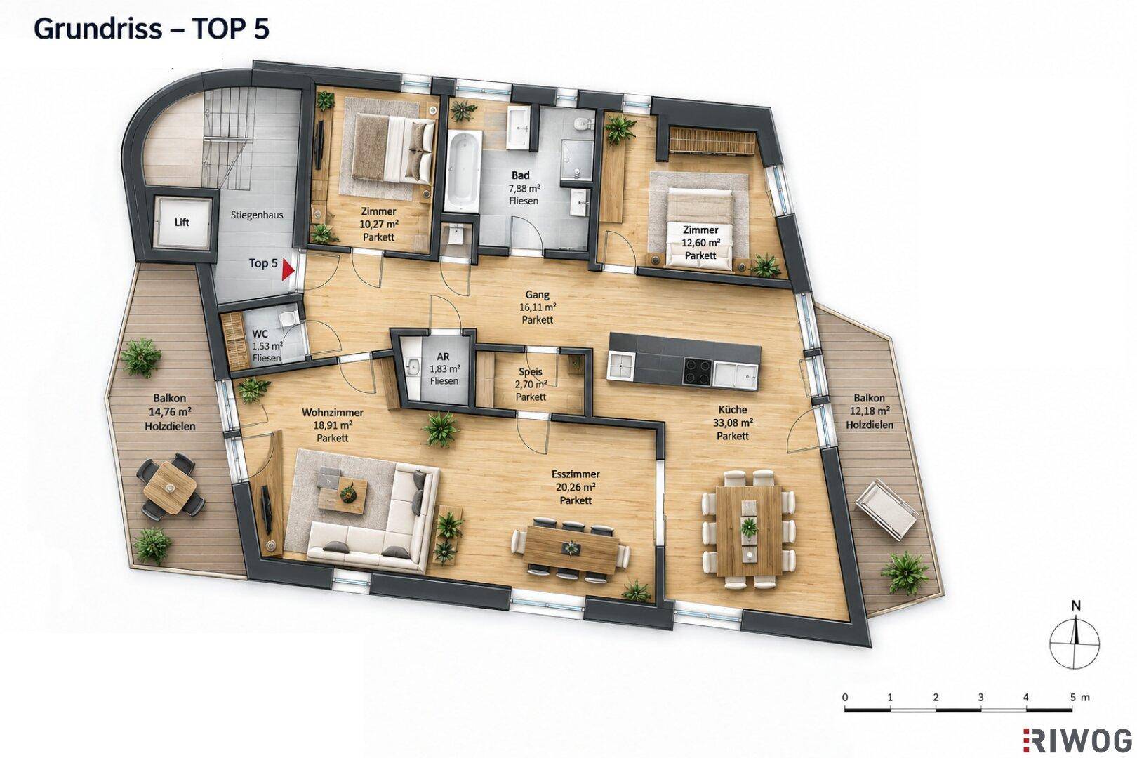 Detaillierter Grundriss einer Wohnung mit drei Zimmern, offenem Wohnbereich und zwei Balkonen.