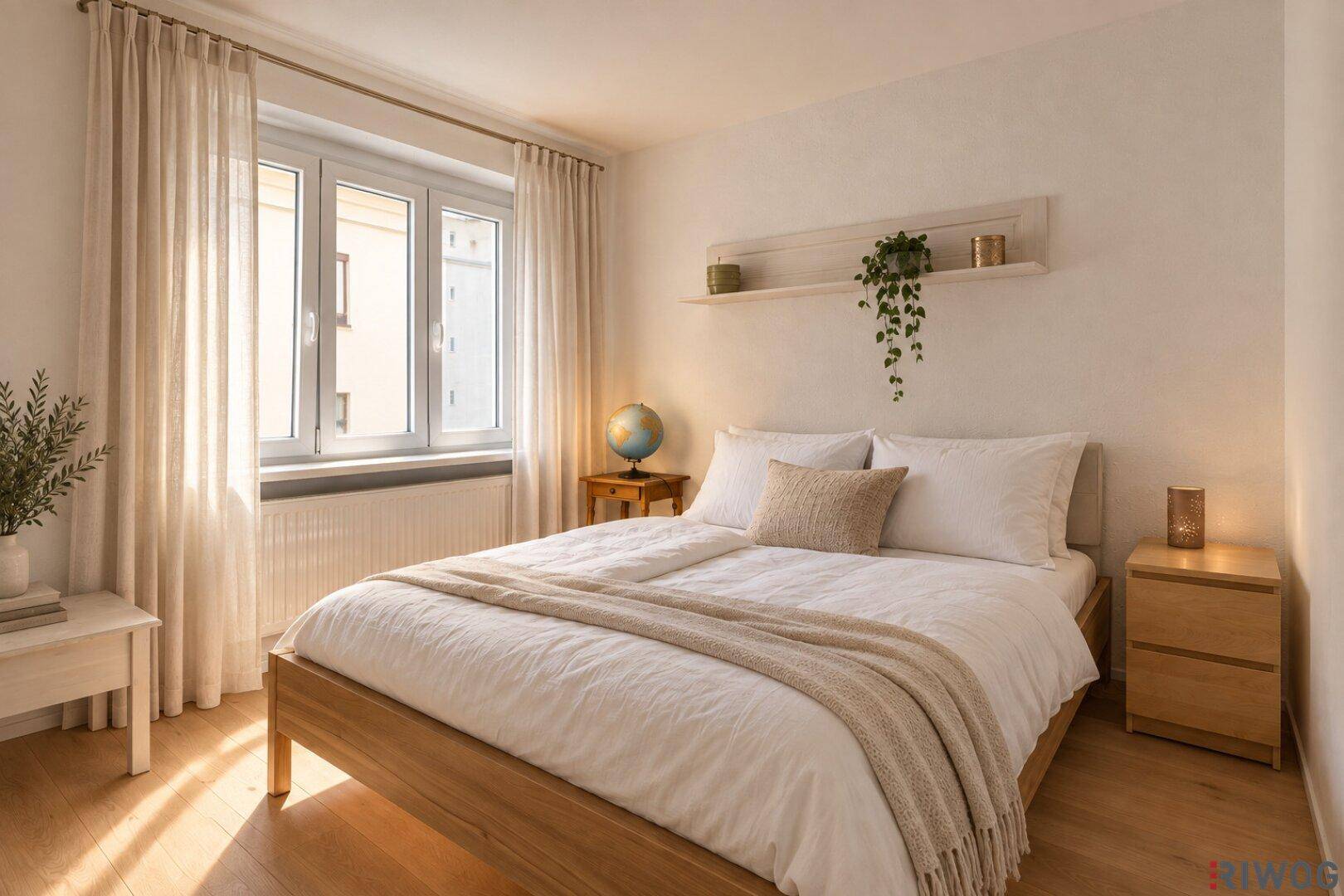 Gemütliches Schlafzimmer mit Holzbett, Parkettboden und großem Fenster für viel Tageslicht.