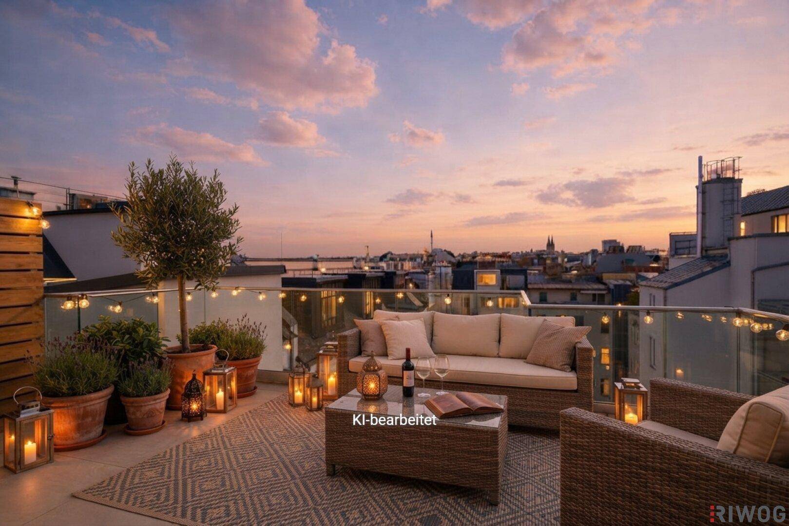 Gemütliche Dachterrasse mit Rattanmöbeln, vielen Pflanzen und stimmungsvoller Beleuchtung bei Sonnenuntergang.