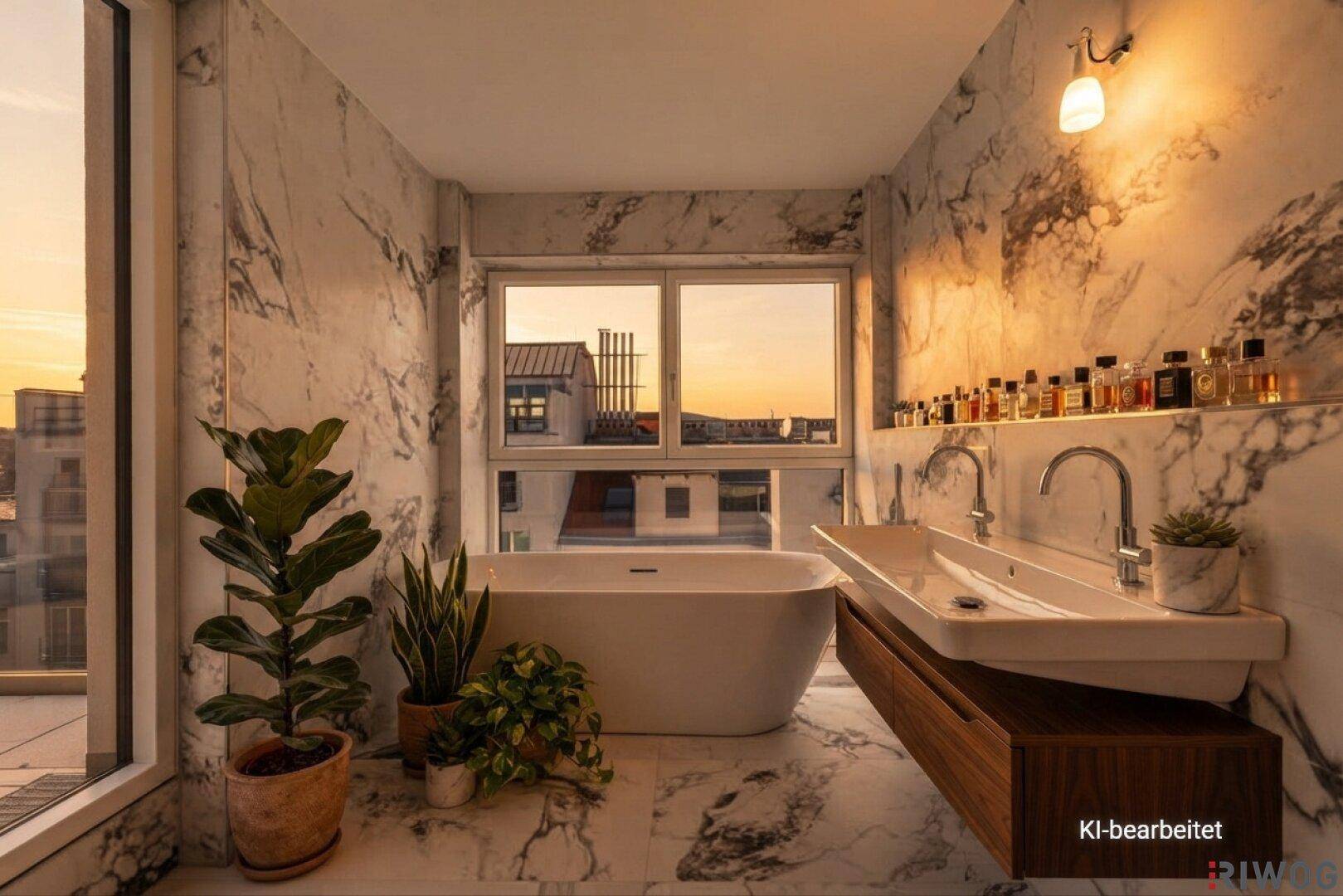 Luxuriöses Badezimmer mit Marmorwänden und -boden, freistehender Badewanne und Doppelwaschbecken, bietet einen schönen Blick auf den Sonnenuntergang.