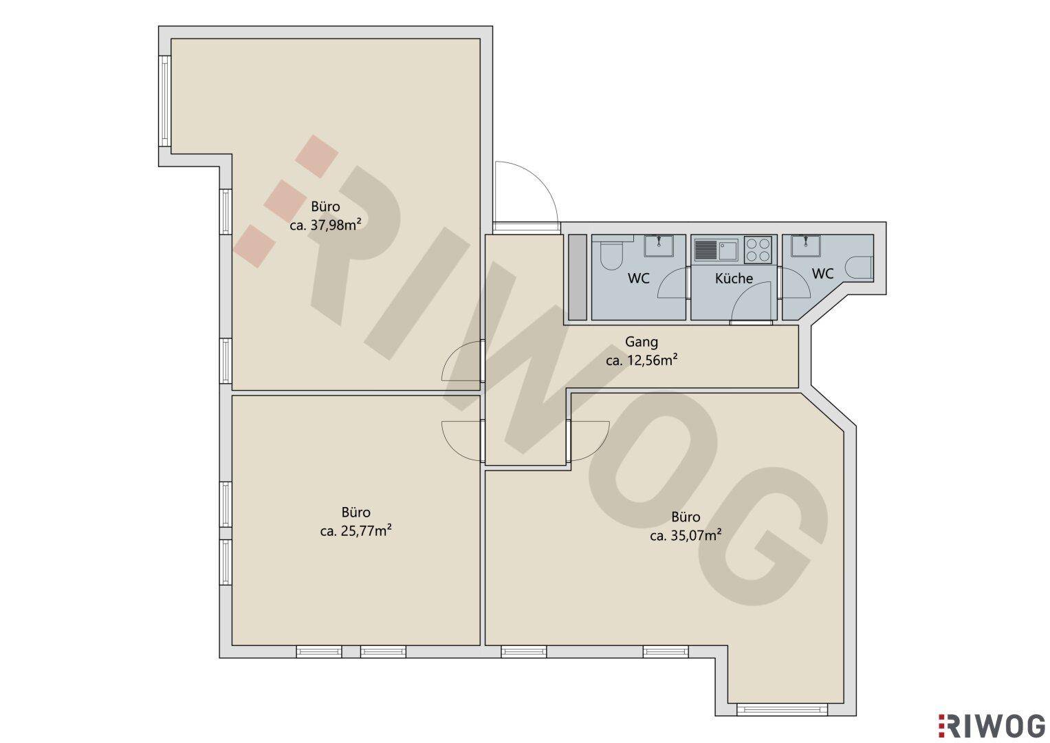 Grundrissplan zeigt mehrere Büroräume, einen Flur, eine Küche und Toilettenbereiche.