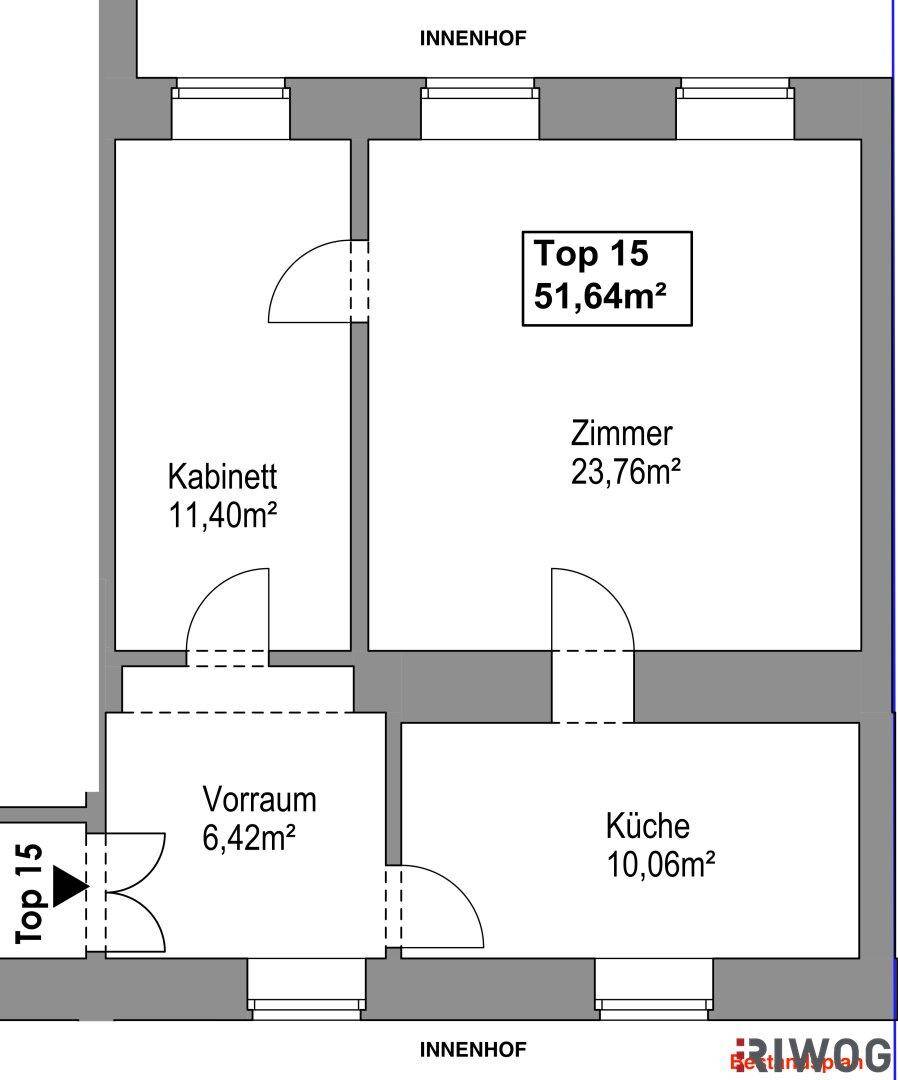 Grundriss der Wohnung Top 15 mit 51,64 m² und Blick auf den Innenhof.