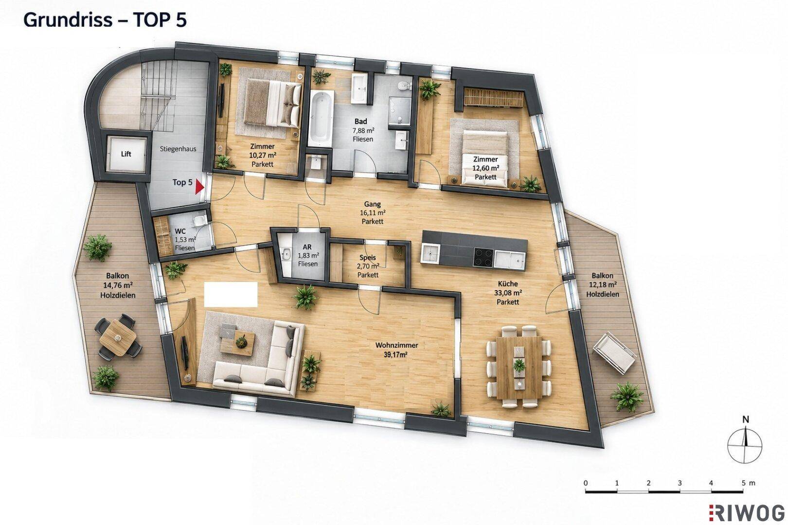 Grundriss der Wohnung TOP 5 mit offenem Wohnbereich, zwei Schlafzimmern, Bad und zwei Balkonen.