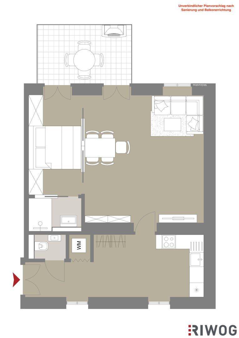 Unverbindlicher Planvorschlag für eine Wohnung mit Balkon, Schlafzimmer und offenem Wohnbereich.