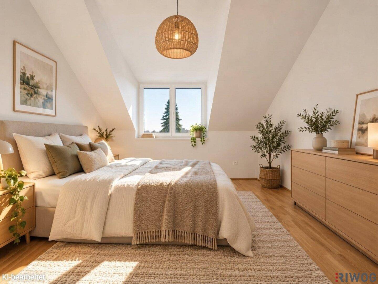 Gemütliches Schlafzimmer im Dachgeschoss mit Holzboden, großen Fenstern und natürlichem Lichteinfall.