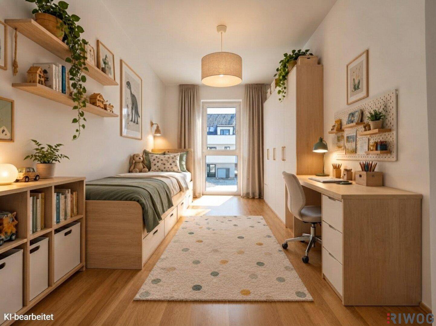 Gemütliches Kinderzimmer mit Holzboden, Einzelbett und Schreibtisch, hell und freundlich eingerichtet.