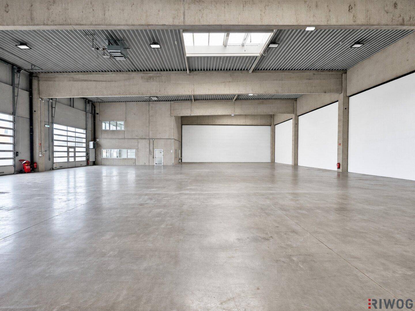 Große, leere Lagerhalle mit Betonboden, hohen Decken und Oberlichtern für Tageslicht.