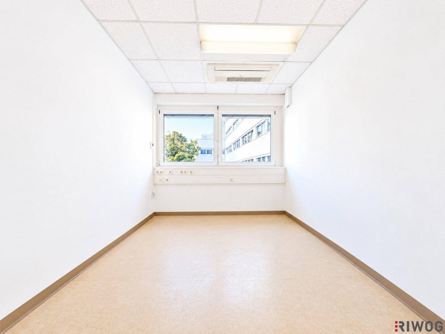Kompakter Büroraum mit einem großen Fenster, Deckenbeleuchtung und Steckdosenleisten.