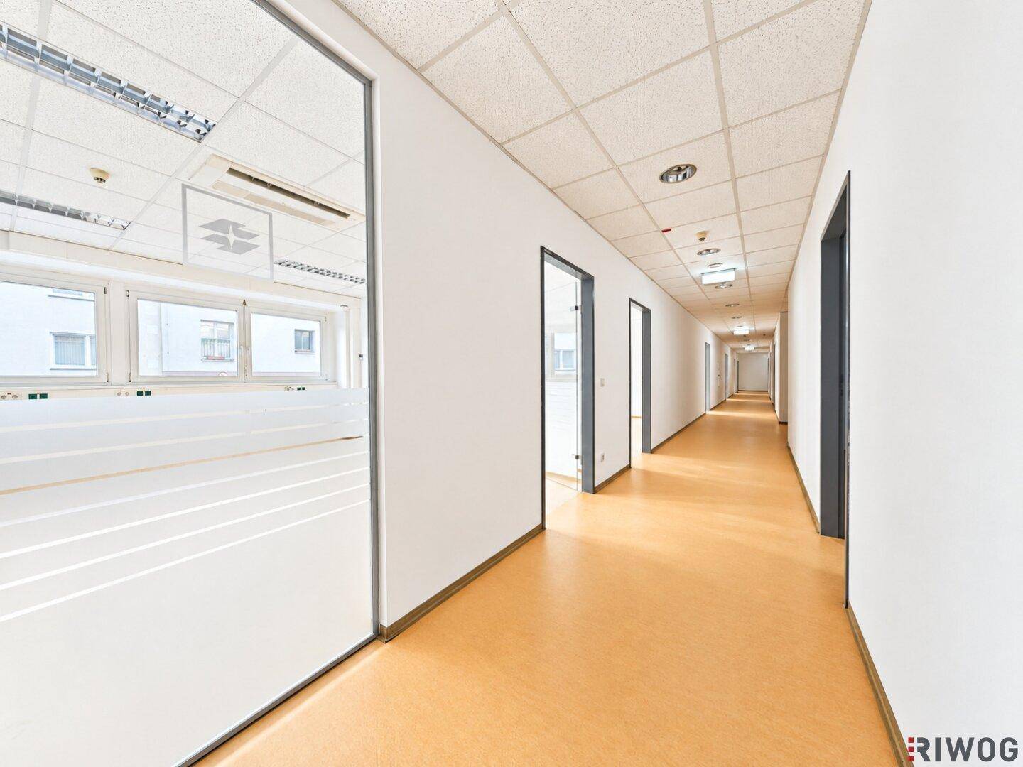 Heller Flur mit vielen Türen, hellem Boden und Blick in einen angrenzenden Büroraum.