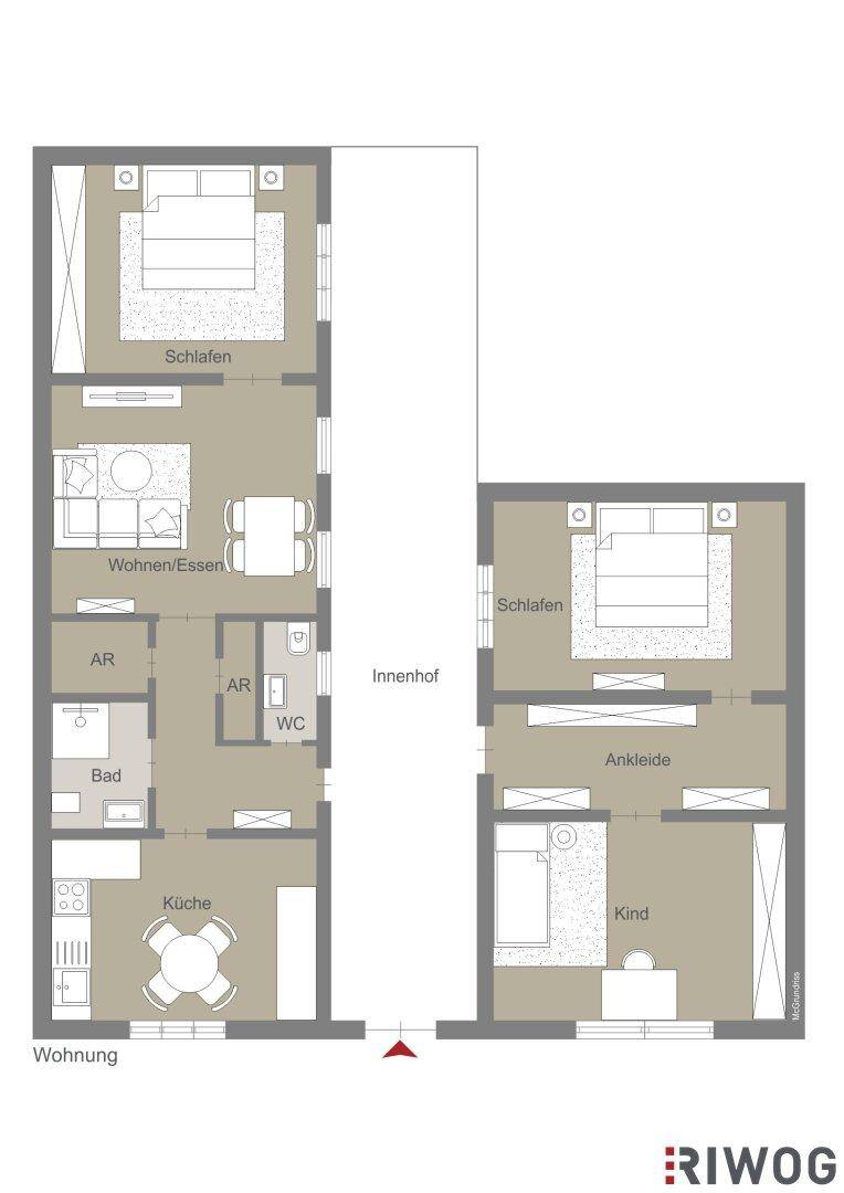 Detaillierter Grundriss einer Wohnung mit mehreren Schlafzimmern, offenem Wohn-Essbereich, separater Küche und Innenhofzugang.