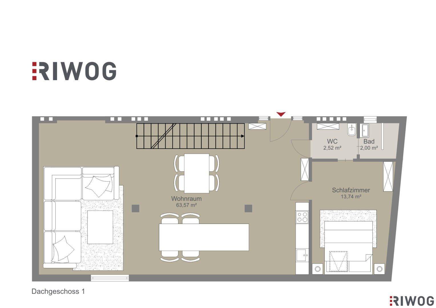 Grundriss des Dachgeschosses 1 mit offenem Wohnbereich, einem Schlafzimmer, Bad und separatem WC.