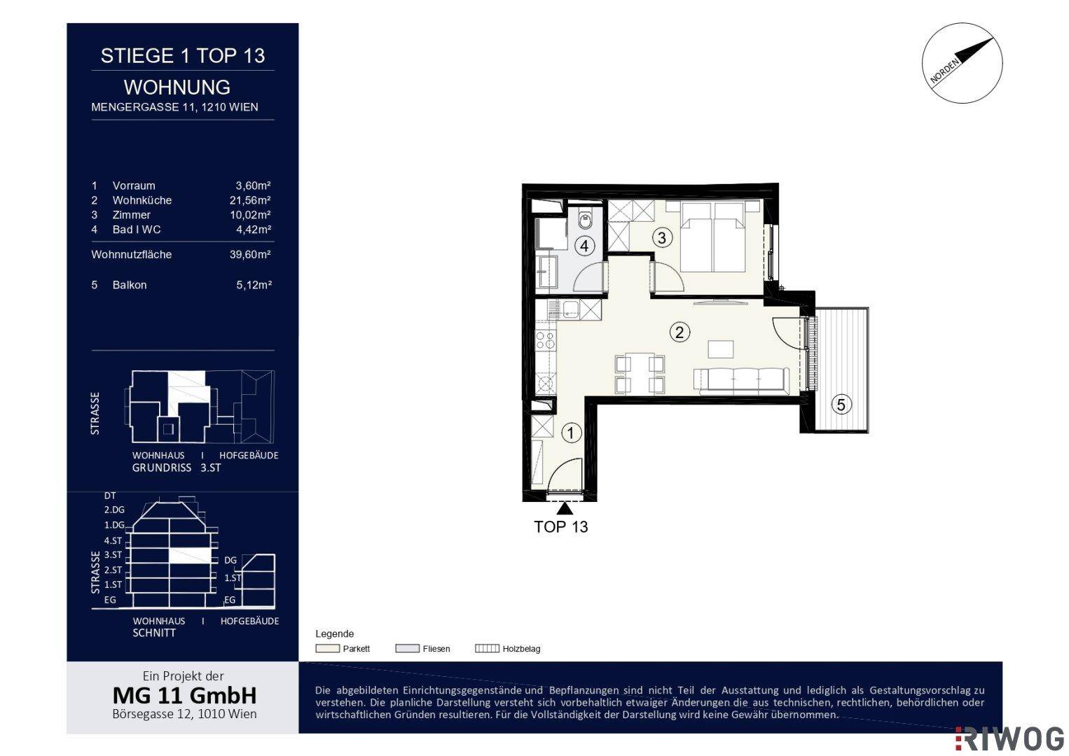 Grundriss der Wohnung Top 13 mit offenem Wohnbereich, Schlafzimmer und Balkon.