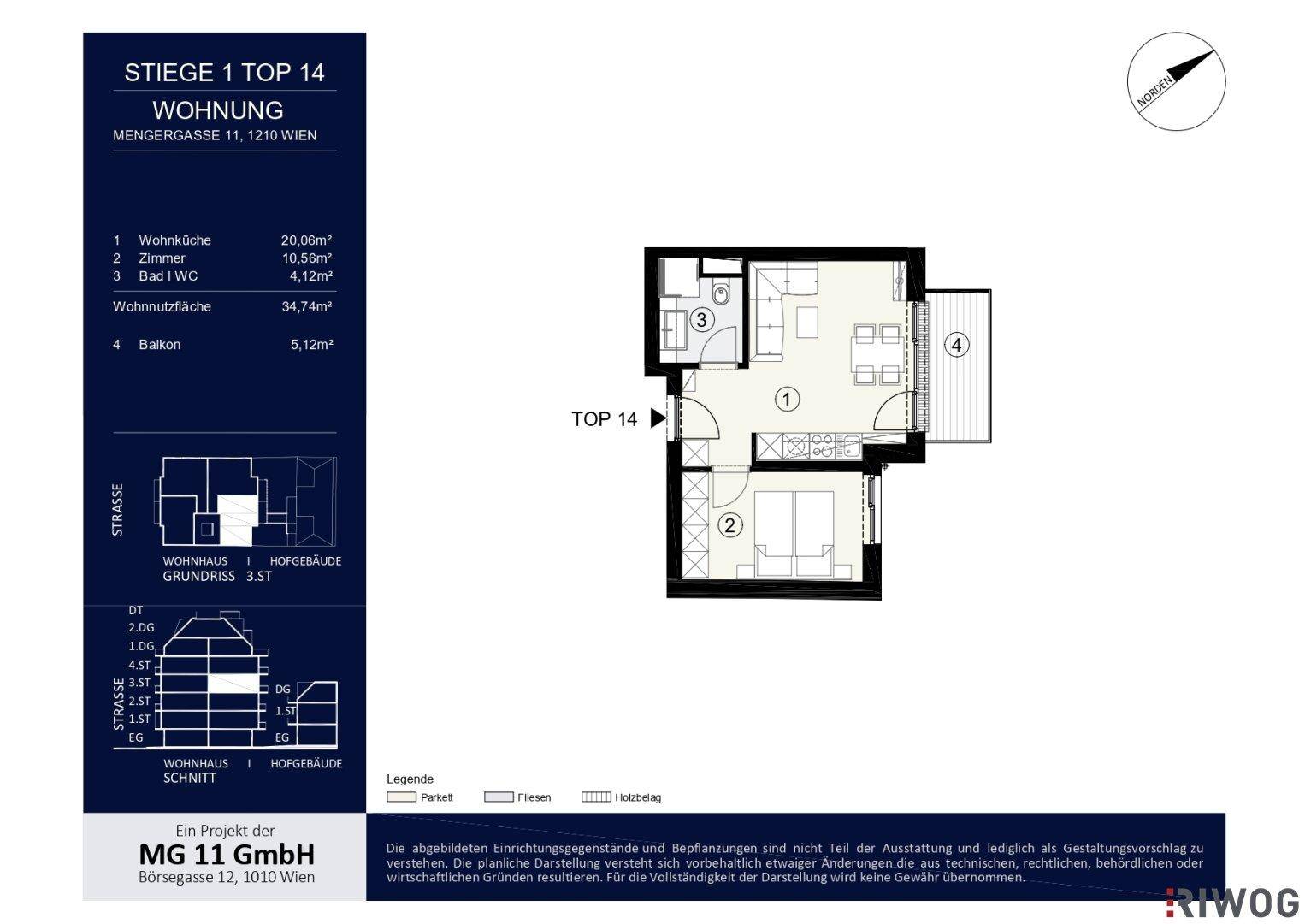 Grundriss der Wohnung Top 14 mit einem Schlafzimmer, Wohnküche und Balkon.
