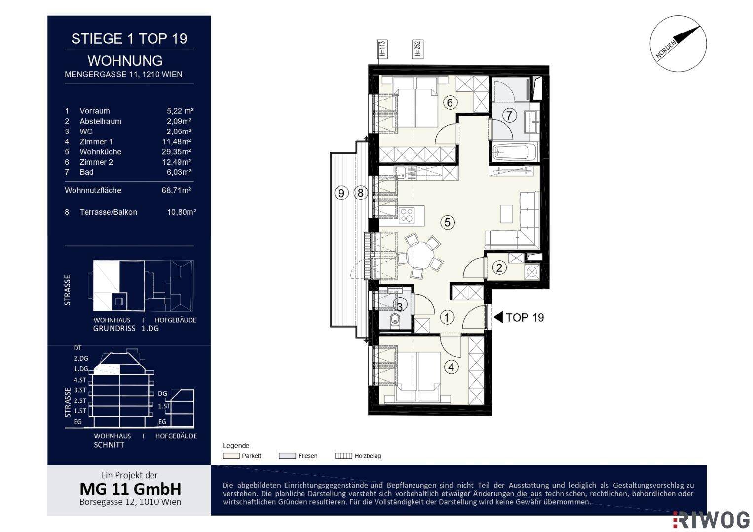 Grundriss der Wohnung Top 19 mit Wohnküche, Schlafzimmern und Terrasse/Balkon.