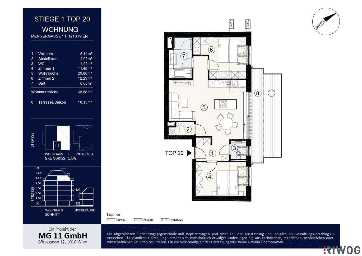 Detaillierter Grundriss einer Wohnung mit drei Zimmern und einer Terrasse von 18,15 m².