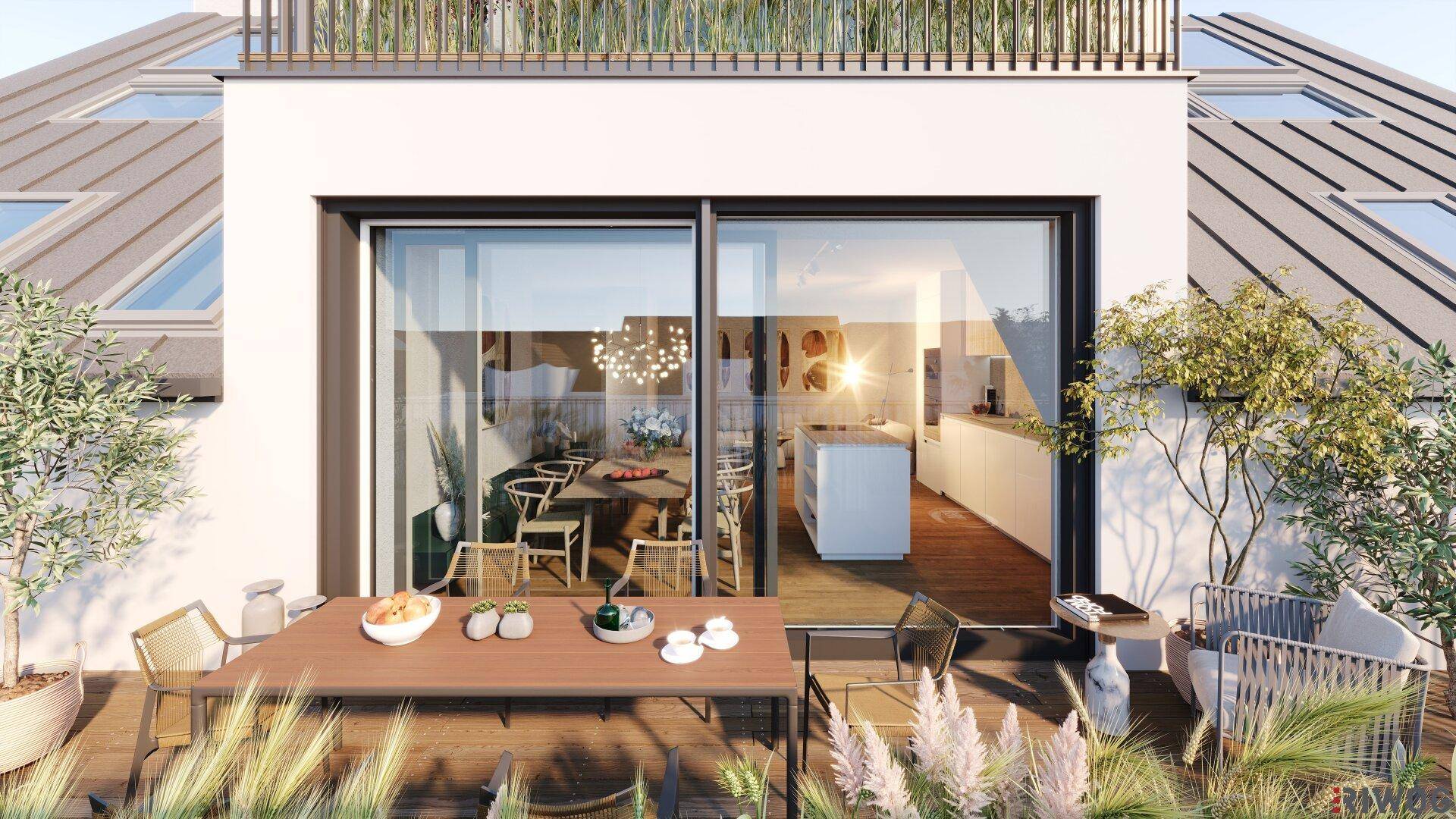 Geräumige Terrasse mit Sitzgelegenheiten und Blick in den modernen Wohn-Essbereich.