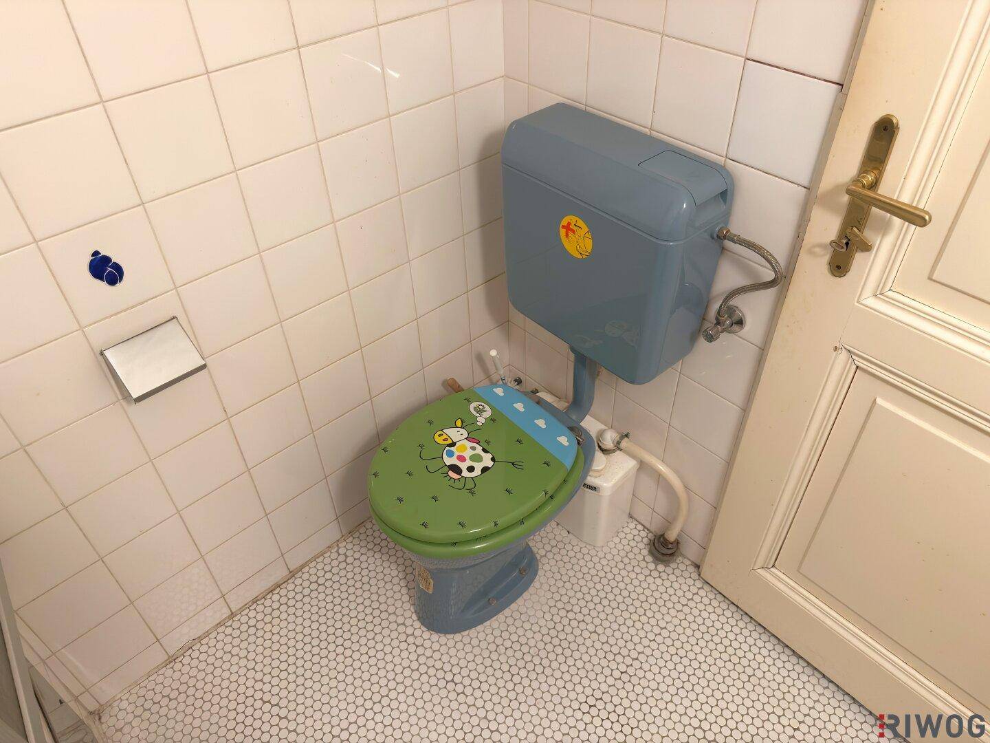 Toilette mit blauem Spülkasten und einem bunten Toilettensitz in einem gefliesten Bad.